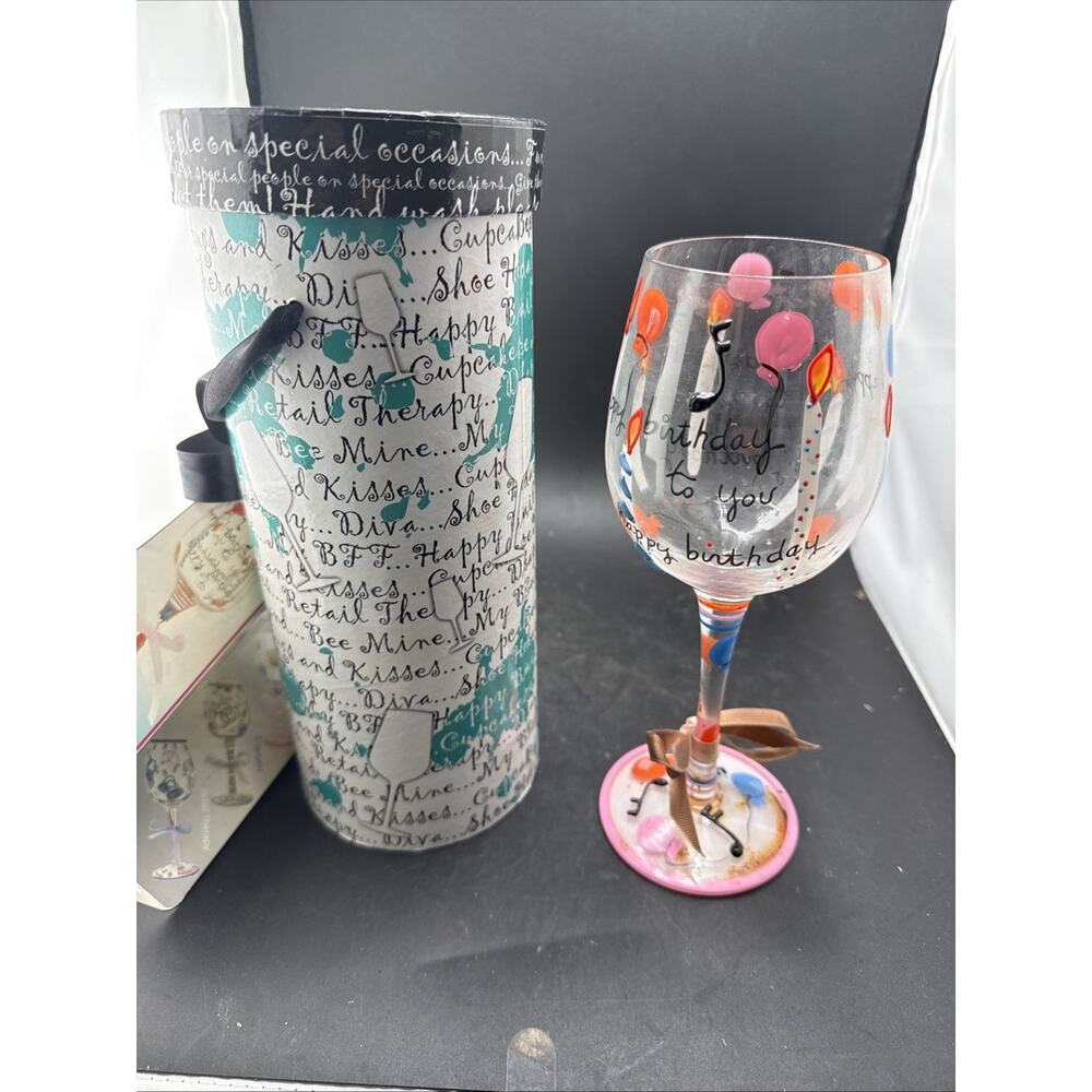 Hand Painted Birthday Wine Glass Balloons “Happy Birthday to You” w/ Box